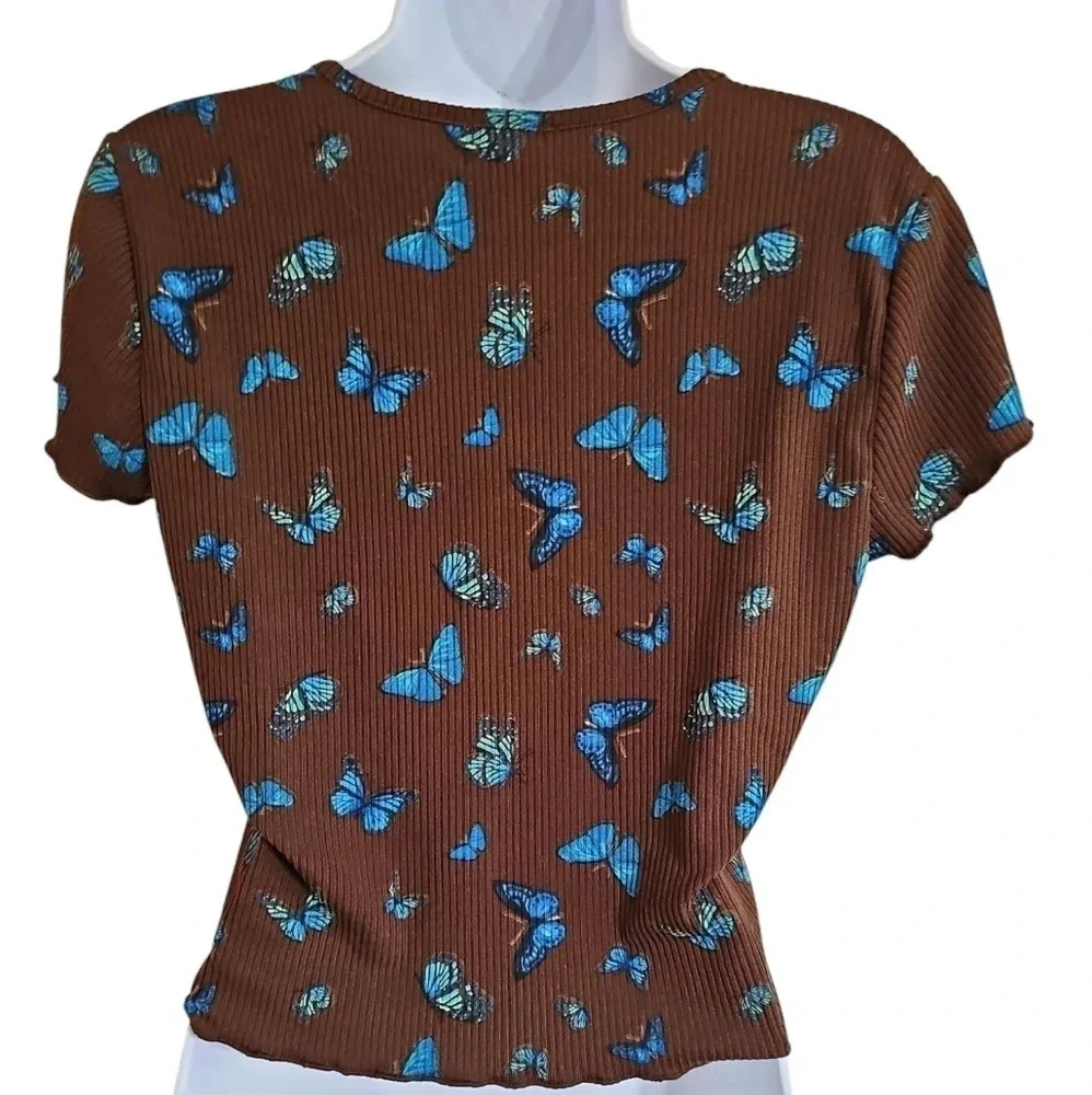 Rue 21 Womens L Blouse Brown Ribbed Butterfly Crop Top Iconic Essential Y2K - Picture 3 of 6